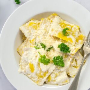 Gluten Free Lobster Ravioli in White Wine Creamy Sauce